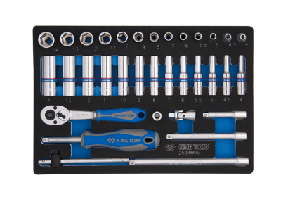 ZESTAW NASADEK 1/4" 34cz. KRÓTKIE / DŁUGIE, 6-kąt. 4 - 14mm Z AKCESORIAMI, WKŁAD Z PIANKI, DO WÓZKA King Tony 9-2534MRV