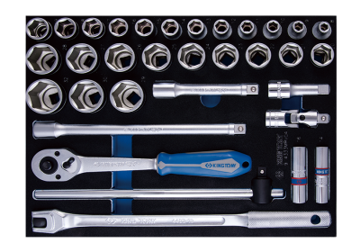 ZESTAW NASADEK 1/2" 33cz. KRÓTKIE 6-kąt. 8 - 32mm Z AKCESORIAMI, WKŁAD Z PIANKI, DO WÓZKA King Tony 9-4333MRV04