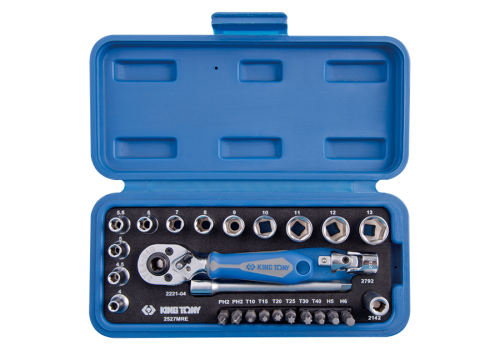 ZESTAW NARZĘDZI 1/4" 27cz. NASADKI KRÓTKIE, 6-kąt. 4 - 14mm Z GRZECHOTKĄ I AKCESORIAMI, KASETA King Tony 2527MRE
