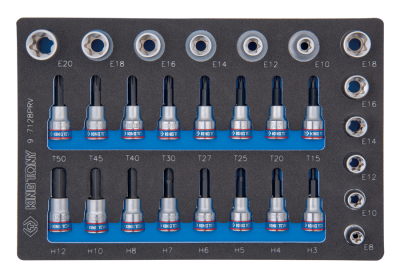 ZESTAW NASADEK 3/8" + 1/2", HEX H3 - H12, TORX T15 + T50, GWIAZDKI E8 - E20, WKŁAD Z PIANKI, DO WÓZKA King Tony 9-7128PRV