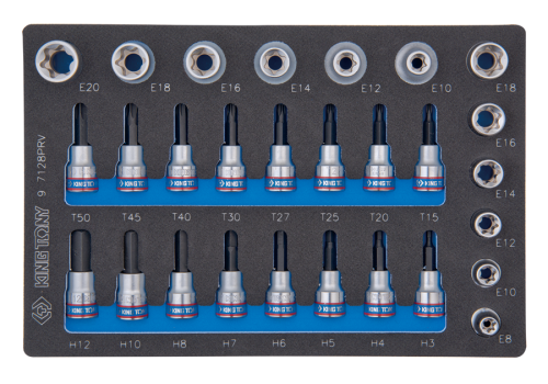 ZESTAW NASADEK 3/8" + 1/2", HEX H3 - H12, TORX T15 + T50, GWIAZDKI E8 - E20, WKŁAD Z PIANKI, DO WÓZKA King Tony 9-7128PRV