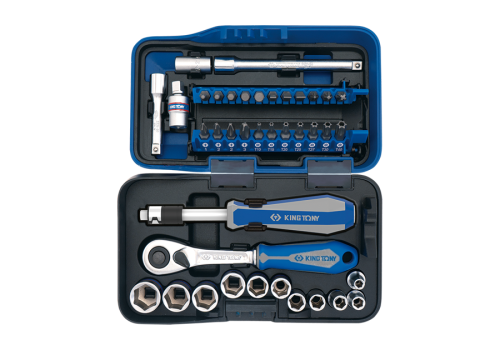 ZESTAW NARZĘDZI 1/4" 39cz. NASADKI KRÓTKIE, 6-kąt. 5 - 14mm + BITY, Z GRZECHOTKĄ I AKCESORIAMI King Tony 2539MR01-AM