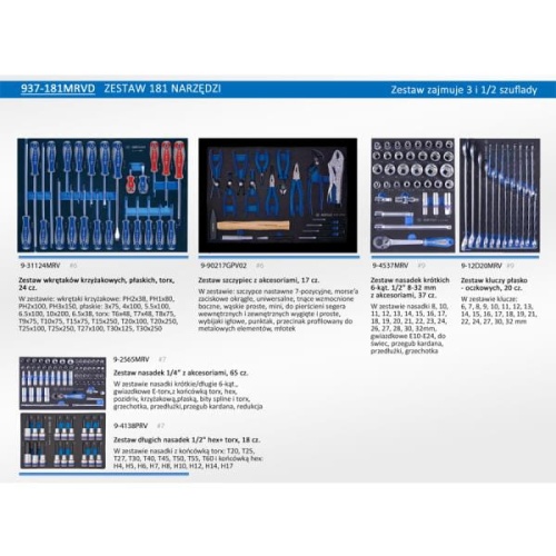 Zestaw narzędzi King Tony do wózka warsztatowego 181cz.  pianka EVA 937-181MRVD