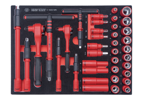 ZESTAW NARZĘDZI IZOLOWANYCH VDE 1/4" i 3/8" 38 części. WKŁAD EVA DO WÓZKA King Tony 9-55VE01MRV