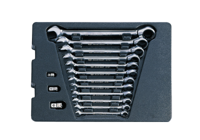 ZESTAW KLUCZY PŁASKO-OCZKOWYCH Z GRZECHOTKĄ DWUKIERUNKOWĄ 373A 15cz. 8-22mm. Z ADAPTERAMI DO NASADEK. WKŁAD DO WÓZKA King Tony 9-102A15MR