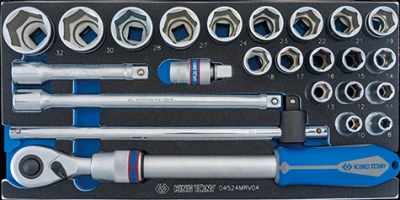 ZESTAW NASADEK 1/2" 24cz. KRÓTKIE 6-kąt. 8-32mm. AKCESORIA. WALIZKA King Tony 4524MRV04