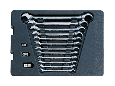 ZESTAW KLUCZY PŁASKO-OCZKOWYCH Z GRZECHOTKĄ DWUKIERUNKOWĄ 12cz. 8 - 22mm Z AKCESORIAMI, WKŁAD DO WÓZKA King Tony 9-10215MR