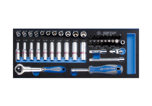 ZESTAW NASADEK 1/4" 44cz. KRÓTKIE / DŁUGIE, 12-kąt. 5/32" - 1/2" Z AKCESORIAMI, CHROM, WKŁAD Z PIANKI, DO WÓZKA King Tony 9-2044SRV