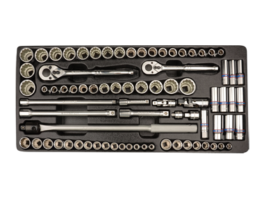 ZESTAW NASADEK 3/8" + 1/2" 78cz. KRÓTKIE/DŁUGIE 6/12-kąt. 8 - 32mm, CALOWE 3/8" - 1-1/4" Z AKCESORIAMI, WKŁAD DO WÓZKA King Tony 9-7078CR