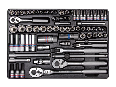 ZESTAW NASADEK 1/4'' + 3/8'' 75cz. KRÓTKIE / DŁUGIE / IMBUSY / GWIAZDKI, 6-kąt. 4 - 22mm Z AKCESORIAMI, WKŁAD DO WÓZKA King Tony 9-5575MR