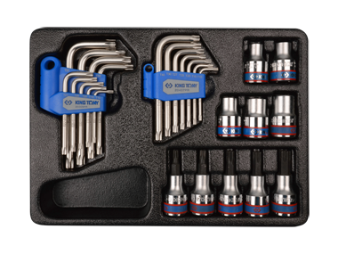 ZESTAW NASADEK 1/2" 26cz. KRÓTKIE E10 - E18, T30 - T55 + TORXY TYPU "L", WKŁAD DO WÓZKA King Tony 9-91026PR
