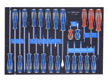 ZESTAW WKRĘTAKÓW 24 cz. KRZYŻAKI PH1 - PH3, PŁASKIE 3 - 10mm, TORX T6 - T30, WKŁAD Z PIANKI, DO WÓZKA King Tony 9-31124MRV