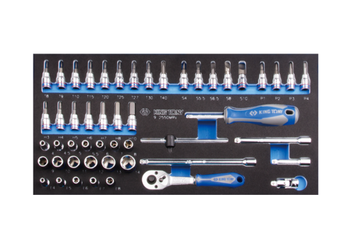 ZESTAW NASADEK 1/4" 50cz. KRÓTKIE, 6-kąt. 4 - 14mm Z AKCESORIAMI, CHROM, WKŁAD Z PIANKI, DO WÓZKA King Tony 9-2550MRV