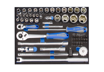 ZESTAW NASADEK 1/4" ORAZ 1/2" 60cz. KRÓTKIE 6-kąt. 4 - 32mm Z AKCESORIAMI, CHROM, WKŁAD Z PIANKI, DO WÓZKA King Tony 9-7560MRV01