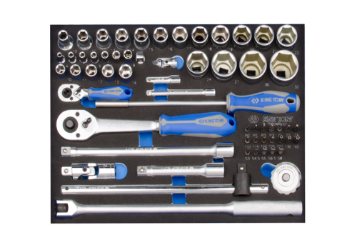 ZESTAW NASADEK 1/4" ORAZ 1/2" 60cz. KRÓTKIE 6-kąt. 4 - 32mm Z AKCESORIAMI, CHROM, WKŁAD Z PIANKI, DO WÓZKA King Tony 9-7560MRV01