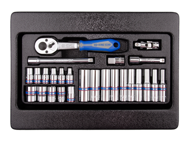 ZESTAW NASADEK 1/4'' 26cz. KRÓTKIE / DŁUGIE, 6-kąt. 4 - 13mm Z AKCESORIAMI, WKŁAD DO WÓZKA King Tony 9-2526MR