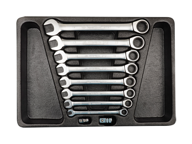 ZESTAW KLUCZY PŁASKO-OCZKOWYCH Z GRZECHOTKĄ JEDNOKIERUNKOWĄ 10cz. 8 - 19mm Z AKCESORIAMI, WKŁAD DO WÓZKA King Tony 9-12120MR