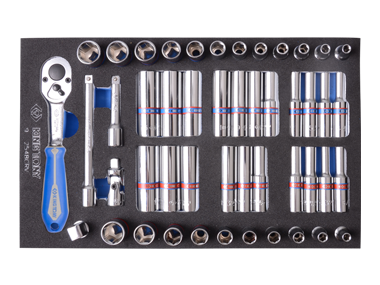ZESTAW NASADEK 1/4" 48cz. KRÓTKIE/DŁUGIE, 6-kąt. 4 - 13mm, CALOWE 5/32"-1/2" Z AKCESORIAMI, WKŁAD Z PIANKI DO WÓZKA King Tony 9-2548CRV