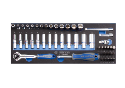 ZESTAW NASADEK 1/4" 48cz. KRÓTKIE / DŁUGIE, 12-kąt. 4 - 14mm Z AKCESORIAMI, CHROM, WKŁAD Z PIANKI, DO WÓZKA King Tony 9-2048MRV