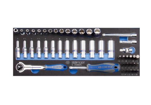 ZESTAW NASADEK 1/4" 48cz. KRÓTKIE / DŁUGIE, 12-kąt. 4 - 14mm Z AKCESORIAMI, CHROM, WKŁAD Z PIANKI, DO WÓZKA King Tony 9-2048MRV