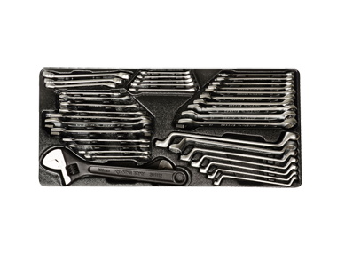 ZESTAW 38cz. - KLUCZE PŁASKO-OCZKOWE 15cz. KLUCZE PŁASKIE 11cz. 8-19mm CALOWE 1/4-7/8'', KLUCZE OCZKOWE ODGIĘTE, WKŁAD DO WÓZKA King Tony 9-90138CR