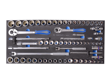 ZESTAW NASADEK 3/8" + 1/2" 70cz. KRÓTKIE 12-kąt. 6 - 32mm, CALOWE 3/8" - 13/16" Z AKCESORIAMI, WKŁAD Z PIANKI, DO WÓZKA King Tony 9-7069CRV