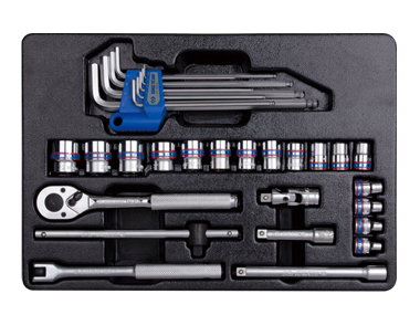 ZESTAW NASADEK 3/8" 31cz. KRÓTKIE 6-kąt. 6 - 22mm Z AKCESORIAMI + ZESTAW IMBUSÓW 1.5 - 10mm, WKŁAD DO WÓZKA King Tony 9-93523MR