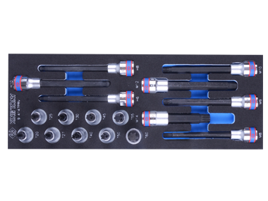 ZESTAW NASADEK 1/2'' 17 cz. KRÓTKIE TORX T20 - T60, DŁUGIE SPLINE M8 - M14, WKŁAD Z PIANKI, DO WÓZKA King Tony 9-4147PRV