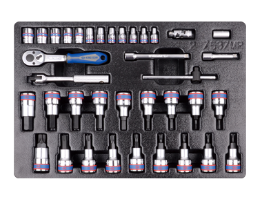 ZESTAW NASADEK 1/4" + 1/2" 37cz. KRÓTKIE 6-kąt. 4 - 13mm, TORX T20 - T60, HEX H3 - H14 Z AKCESORIAMI, WKŁAD DO WÓZKA King Tony 9-7537MR