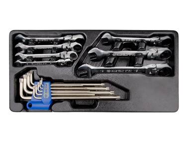 ZESTAW 16cz. KLUCZE PŁASKO-OCZKOWE PRZEGUBOWE Z GRZECHOTKĄ 8 - 19mm + TORXY T10 - T50, WKŁAD DO WÓZKA King Tony 9-91016MR