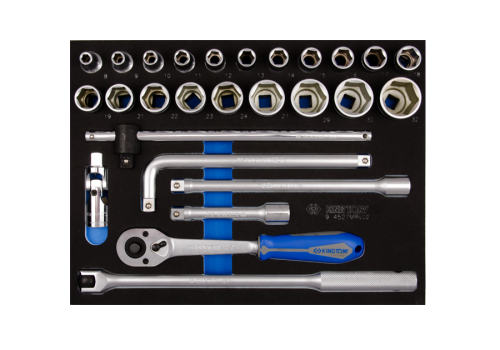 ZESTAW NASADEK 1/2" 27cz. KRÓTKIE 6-kąt. 8 - 32mm Z AKCESORIAMI, CHROM, WKŁAD Z PIANKI, DO WÓZKA King Tony 9-4527MRV02