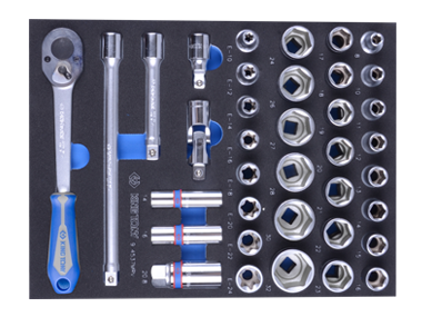 ZESTAW NASADEK 1/2'' 37cz. KRÓTKIE 6-kąt. 8 - 32mm Z AKCESORIAMI, WKŁAD Z PIANKI, DO WÓZKA King Tony 9-4537MRV