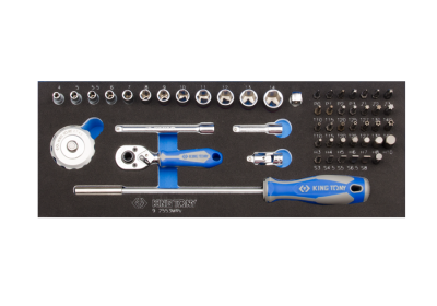 ZESTAW NASADEK 1/4" 53cz. KRÓTKIE, 6-kąt. 4 - 14mm Z AKCESORIAMI, CHROM, WKŁAD Z PIANKI, DO WÓZKA King Tony 9-2553MRV