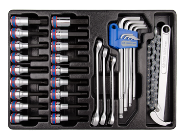 ZESTAW NASADKI Z BITAMI 1/2'' 20cz. IMBUSY DŁUGIE HEX Z KULKĄ 9cz. KLUCZ ŁAŃCUCHOWY DO FILTRA OLEJU 3204, WKŁAD DO WÓZKA King Tony 9-90131MR