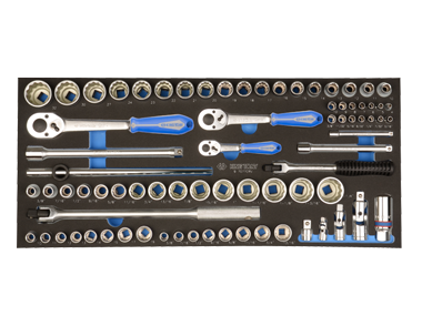 ZESTAW NASADEK 1/4"+ 3/8" + 1/2" 77cz. KRÓTKIE 12-kąt. 4-32mm, 3/16" - 1-1/4" Z AKCESORIAMI, WKŁAD Z PIANKI DO SKRZYNKI King Tony 9-9077CRV