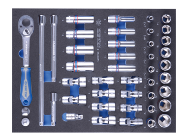 ZESTAW NASADEK 3/8'' 44cz. KRÓTKIE 6-kąt. 10 - 22mm, DŁUGIE 12-kąt. 8 - 19mm Z AKCESORIAMI, WKŁAD Z PIANKI, DO WÓZKA King Tony 9-3544MRV